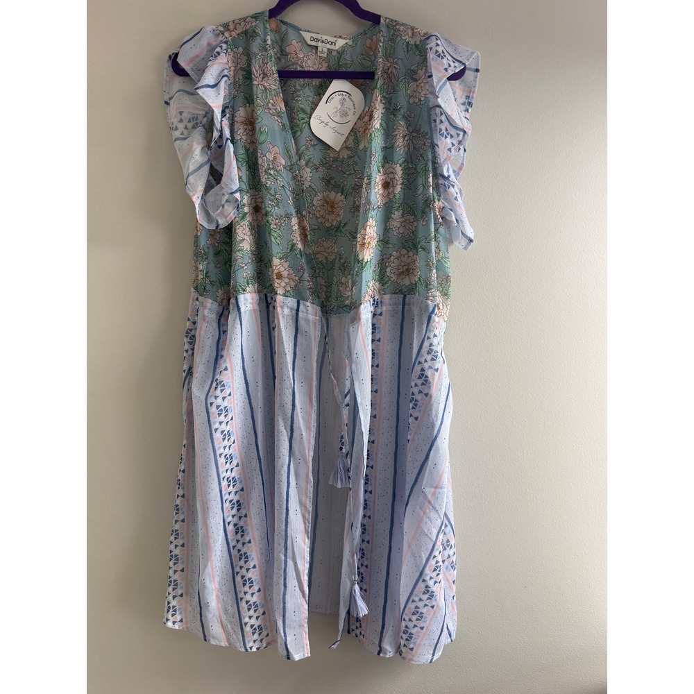 Davi &‎ Dani Give It Time Kimono Ice Blue Floral Geometric Ruffle Tassel Small